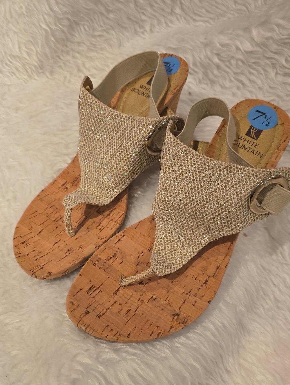 White Mountain Gold Cork Thong Wedge Sandals